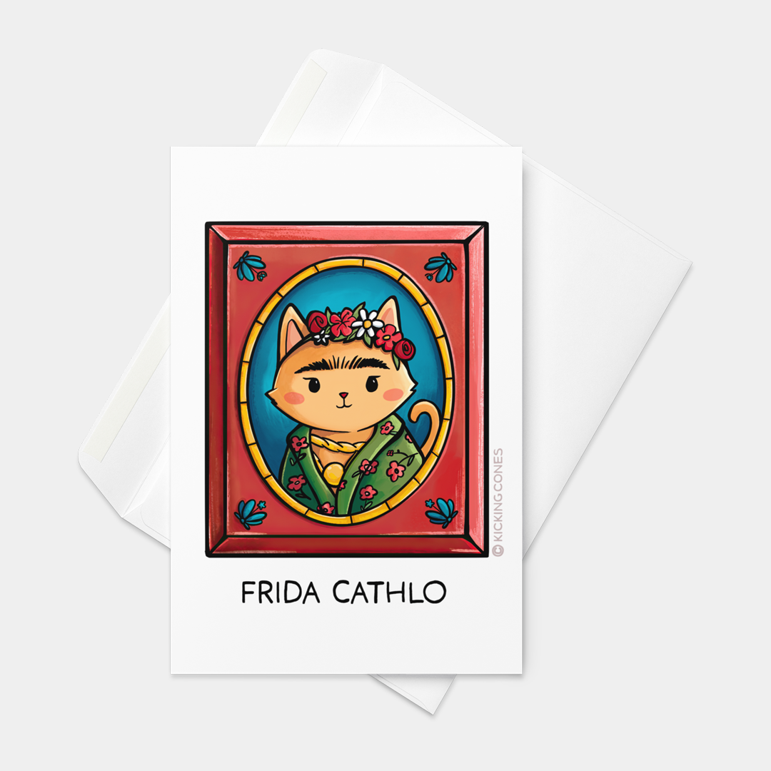 Front view of a greeting card with original illustrated art of iconic artist Frida Kahlo reimagined as a cuddly cat, wearing a flower crown and unibrow.
