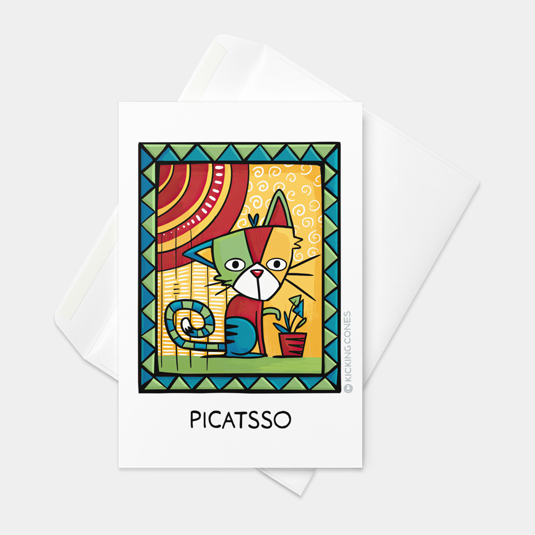 Front view of a greeting card featuring an original illustration of a cute cat drawn in a cubist style inspired by Pablo Picasso. It reads, “Picatsso”.