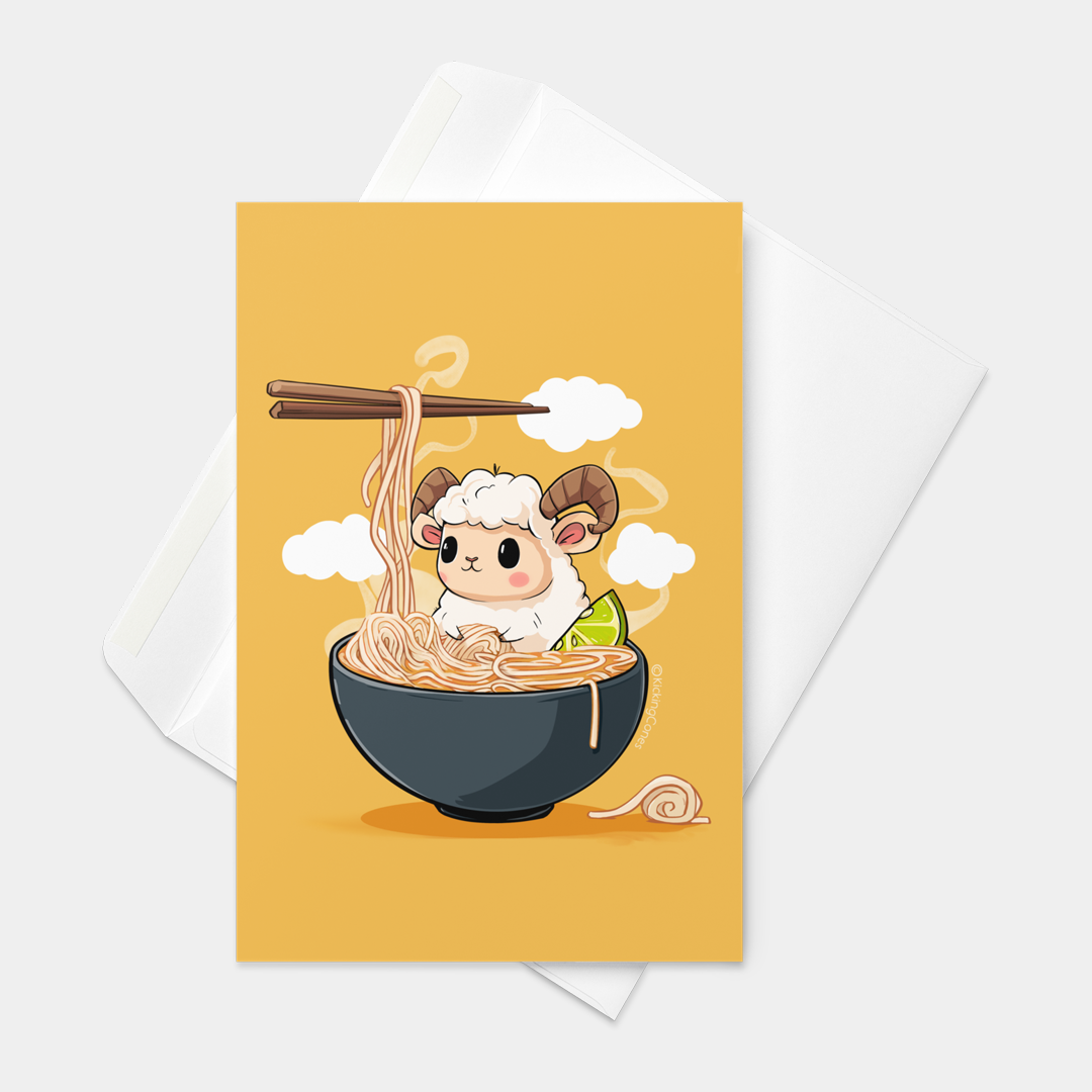Front view of a greeting card featuring original illustrated art of an adorable little ram submerged in a bowl of ramen noodles alongside a slice of lime.