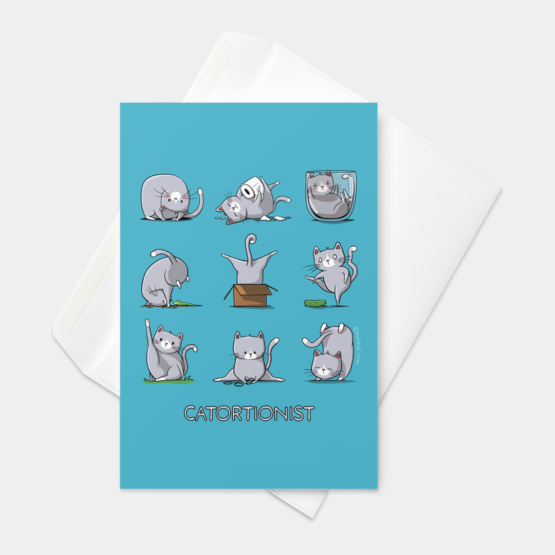 Front view of a greeting card featuring  9 cute illustrations of a cat getting into mischief and doing some stretches and funny poses.