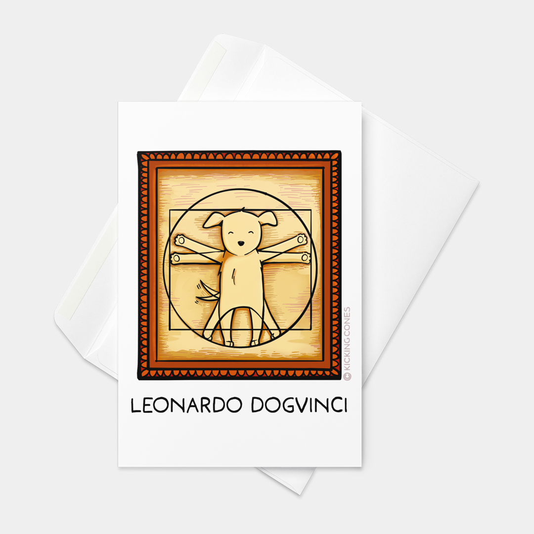 Front view of a greeting card featuring an original illustration of a reimagined version of Da Vinci’s Vitruvian Man, with a cute dog stretched out in the center of the geometric backdrop.