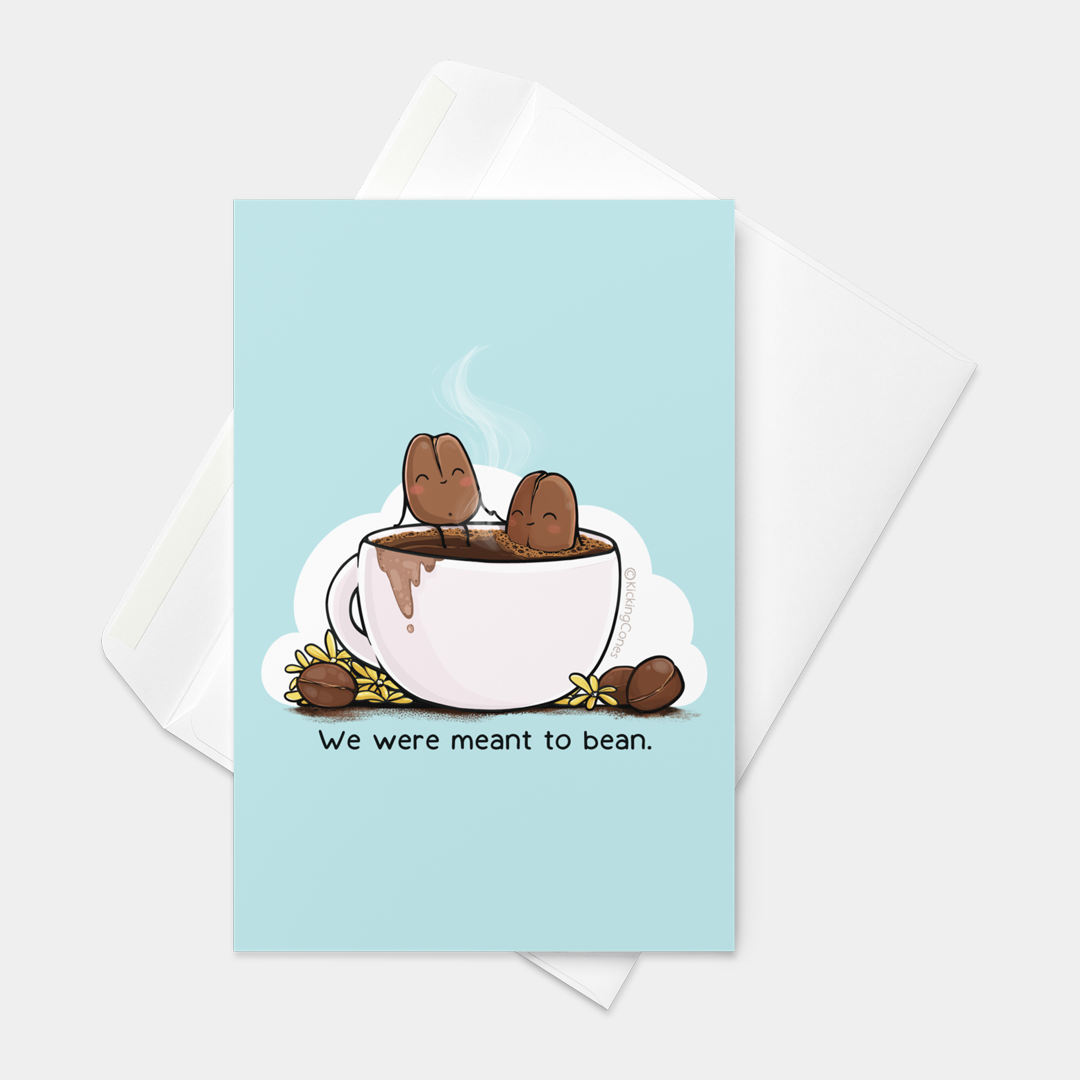 Front view of a greeting card featuring cute original illustrated art of two smiling coffee beans holding hands and taking a dip in a steaming cup of coffee.