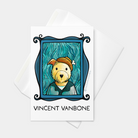 Front view of a greeting card featuring an original illustrated portrait of a dog named Vincent Vanbone posed against a swirling blue background in the style of his iconic namesake, Van Gogh.